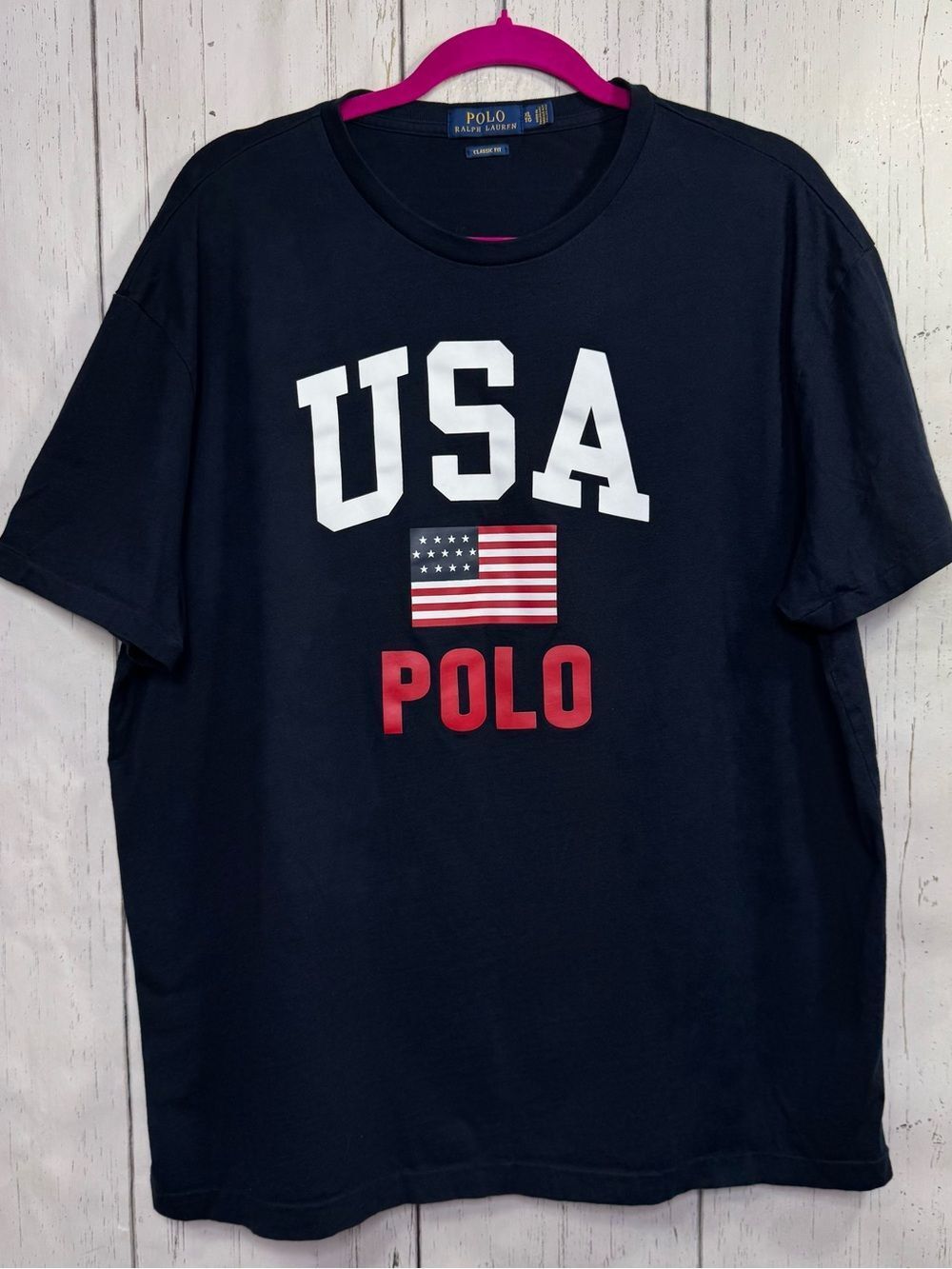 Polo Ralph Lauren USA Flag Graphic T Shirt Navy Blue XL Classic Fit Patriotic